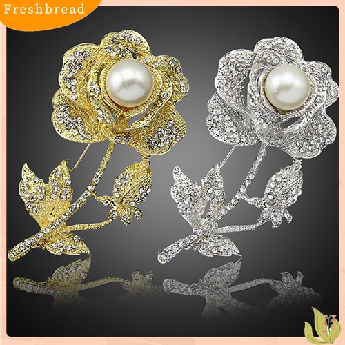 [ TERLARIS]Women's Rose Flower Faux Pearl Rhinestone Brooch Pin Bridal Wedding Jewelry Gift