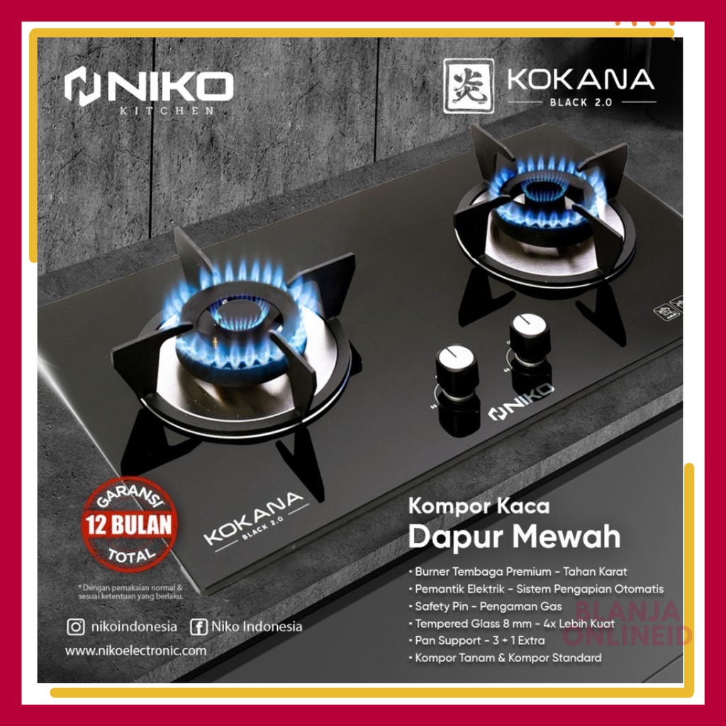 NIKO KOKANA BLACK 2.0 KOMPOR GAS TANAM 2 TUNGKU TEMPERED GLASS