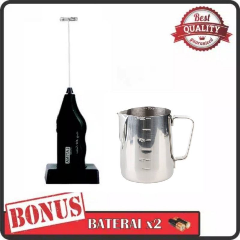 PAKET STAINLESS MILK JUG 350 ml ONE TWO CUPS + MILK FROTHER LATINA VORTEX (LATTE ART)