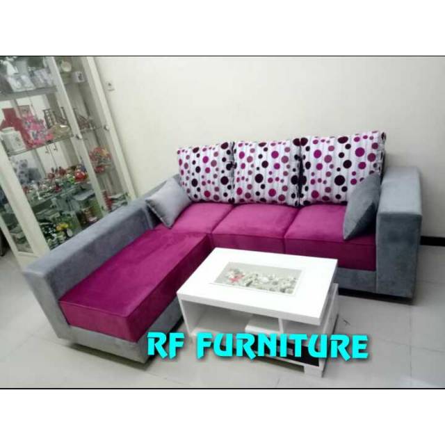 Sofa l putus gray pink plus meja