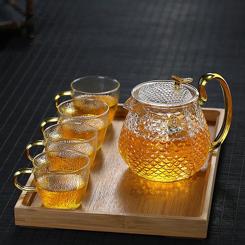 Teko Gelas Set Teko Pitcher Teh Chinese Teapot Maker Borosilicate Glass 600ml with 4 Glass