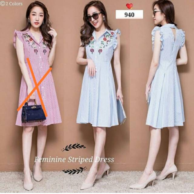 Dress katun salur + bordir biru 940