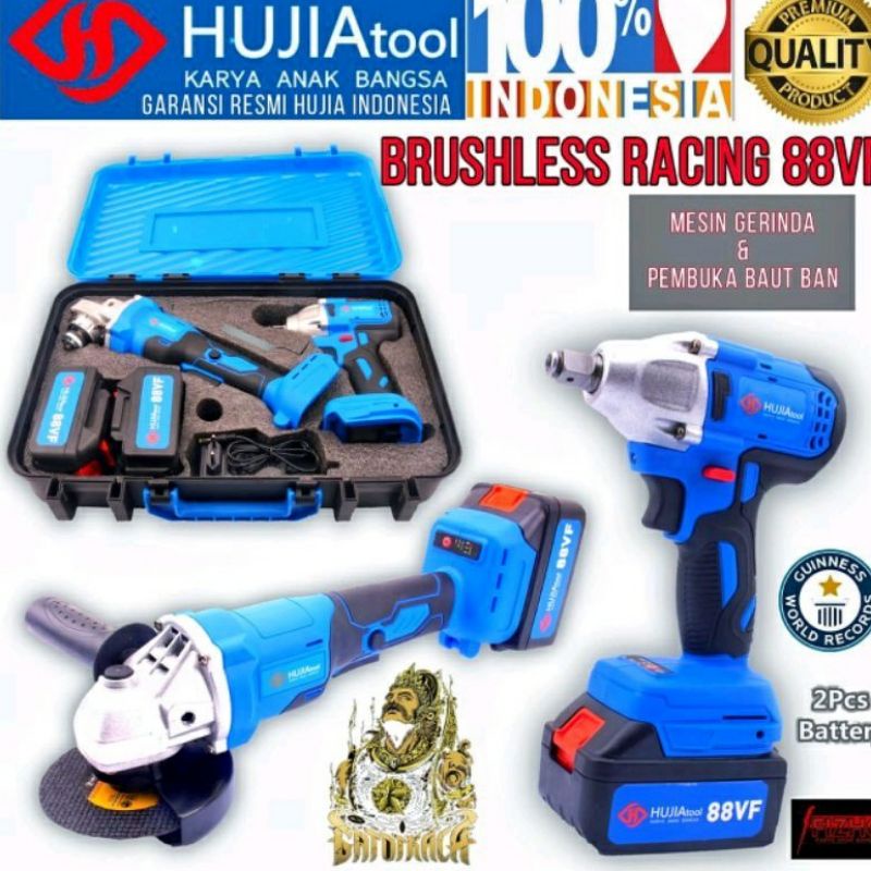 HUJIA paket 2in1 cordless gerinda pembuka baut impact wrench HUJIA 2521+2221