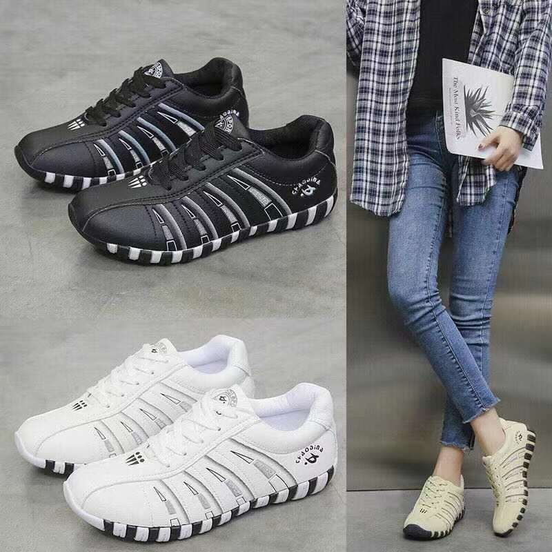 Kano style Fashion Wanita PU Striped Leather Casual Lace-up Sneakers