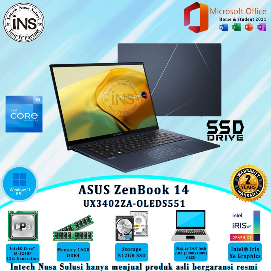 ASUS ZENBOOK 14 UX3402ZA-OLEDS551 i5-1240P 16GB 512GB SSD WIN11HSL OHS 21 2YR