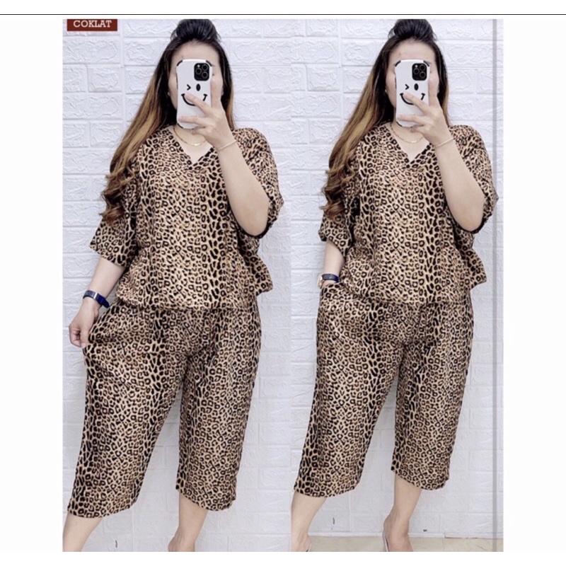 RAYON JUMBO 7/8 LEOPARD PROMO Big Size kerah V setelan 3/4