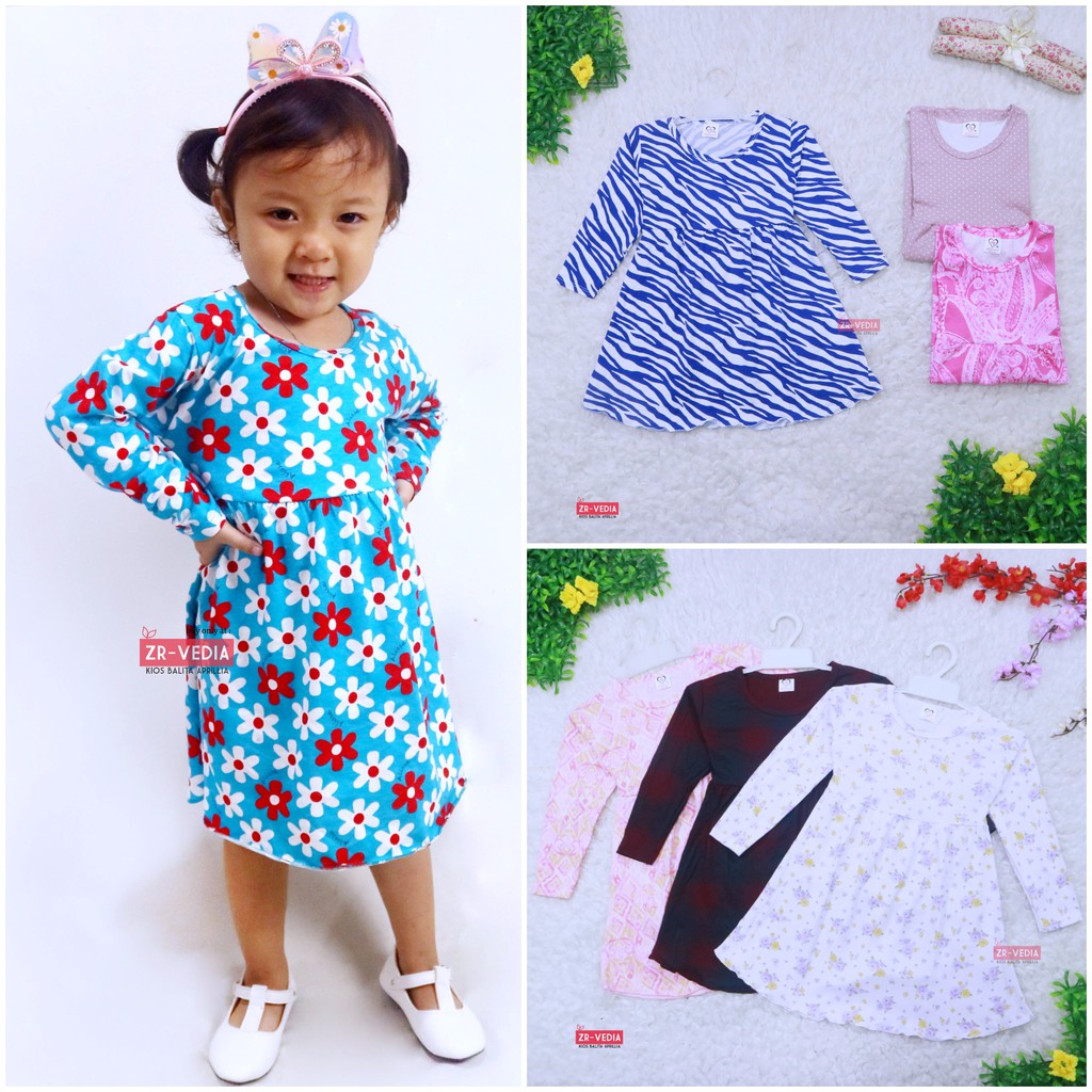 Dress Azizah 1-2 Tahun / Dres Anak Lengan Panjang Baju Harian Perempuan Fashion Kids Motif Adem