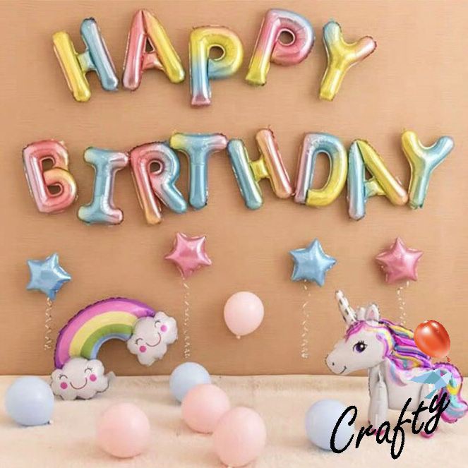 [PAKET] Kids BIRTHDAY Set SIMPLE RAINBOW UNICORN Dekorasi Backdrop Ulangtahun