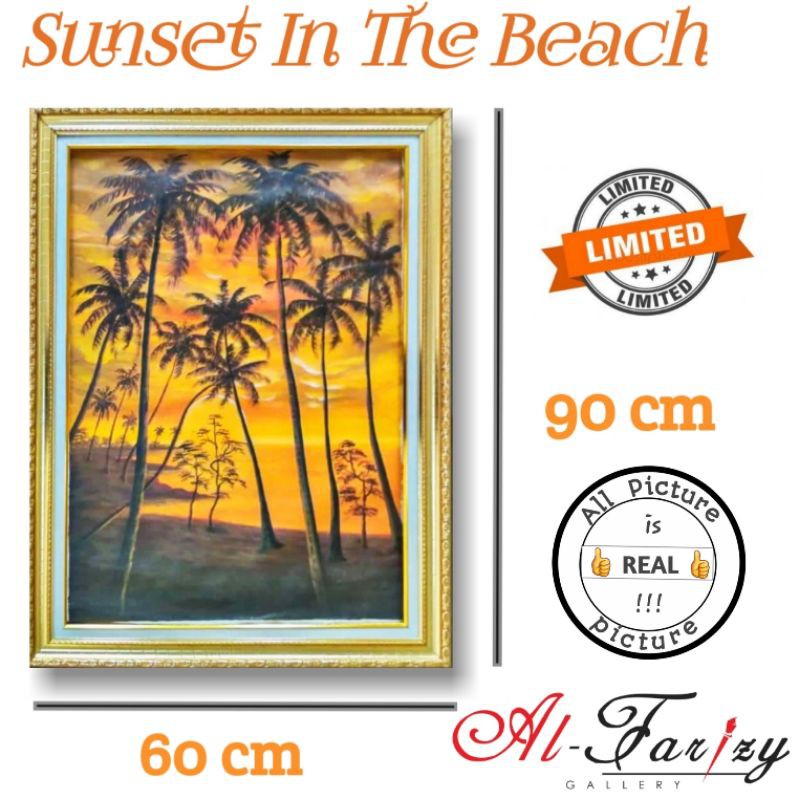 Lukisan Pantai Sunset Pohon Kelapa Unik Minimalis Kanvas Ukuran 60x80 cm