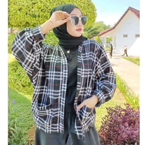 Outer Balon Grid Flanel Cardigan Ballon Outher Cardy Oversize