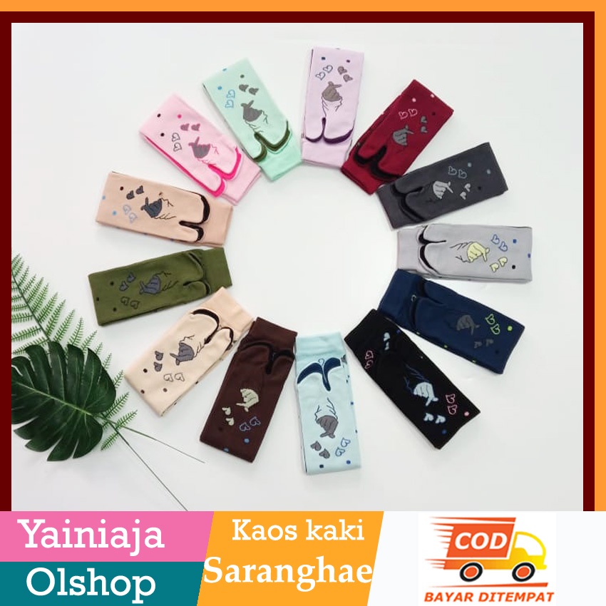 Kaos kaki wanita hijab muslimah jempol motif saranghae kaus kaki tapak hitam saranghaeyo