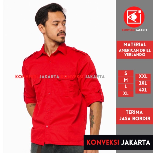 Baju Kemeja PDL Lengan Panjang Pria - Seragam Pakaian Kerja Dinas Lapangan Outdoor Gunung Warna Merah - Konveksi Jakarta Official