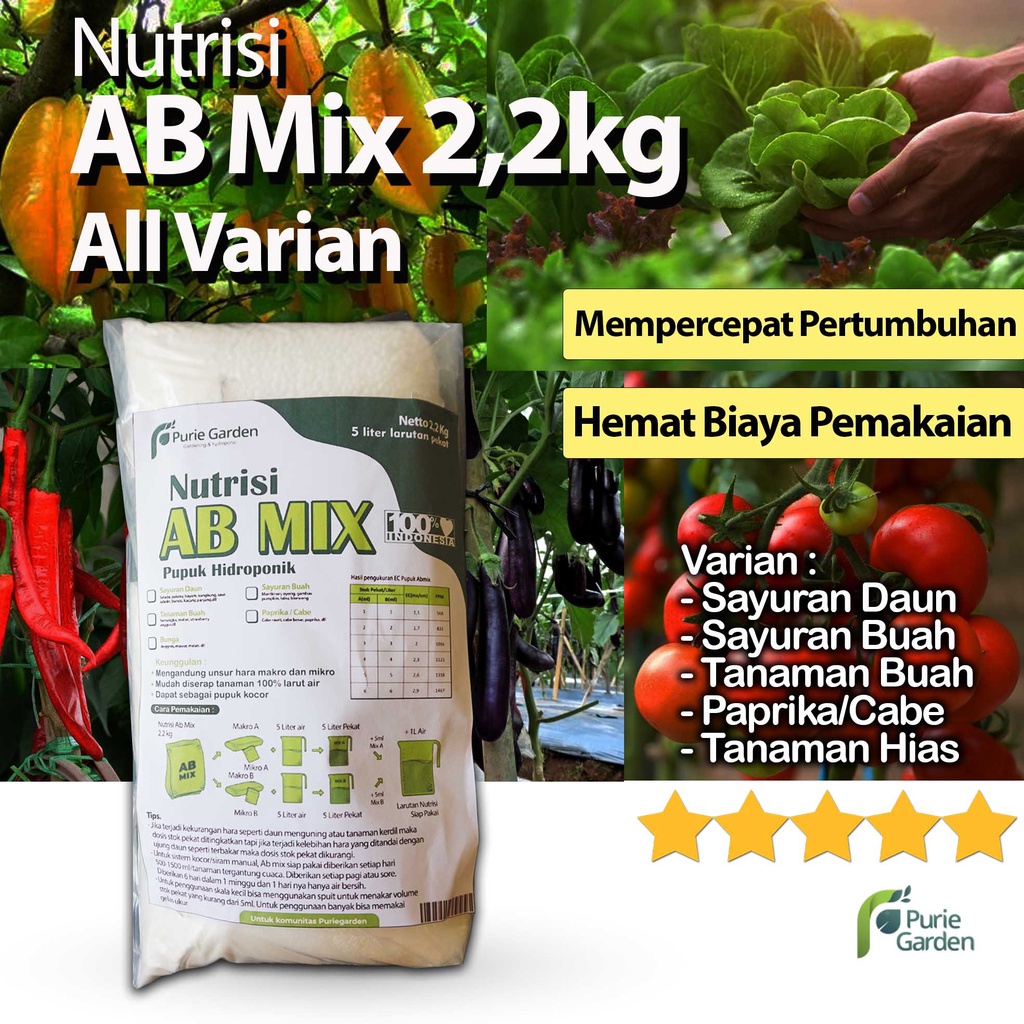 Nutrisi Pupuk Hidroponik AB Mix 2.2 Kg 5 Liter Pekat Puriegarden PG KDR