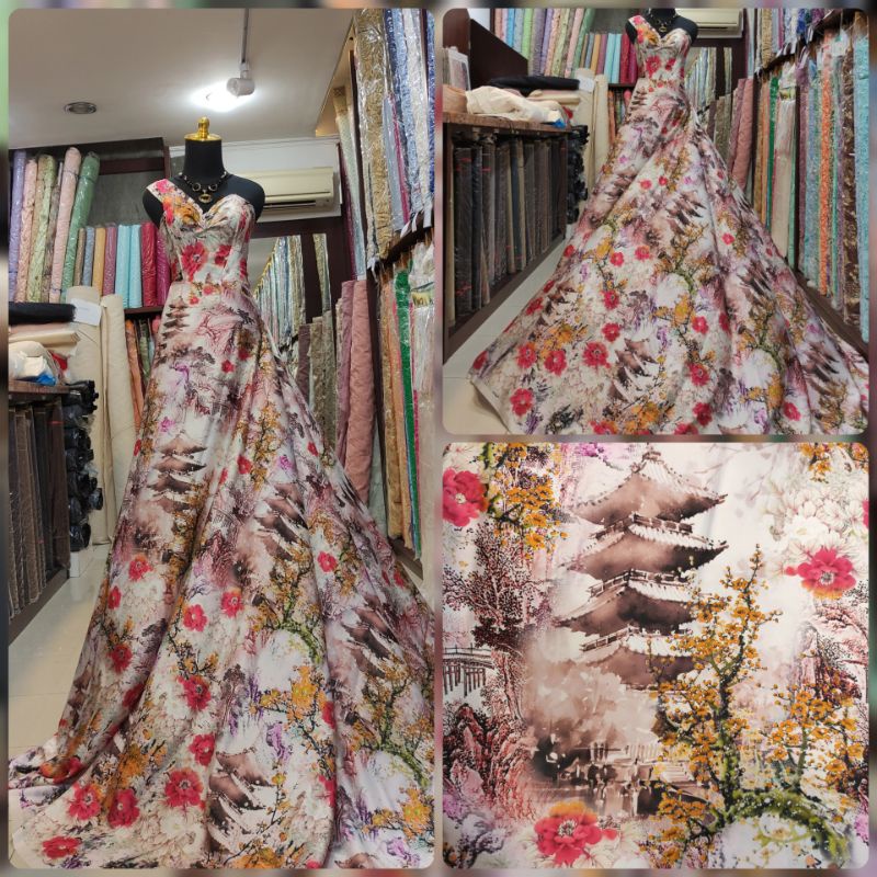 Kain Silk Sutra Motif Jepang Sakura Kyoto