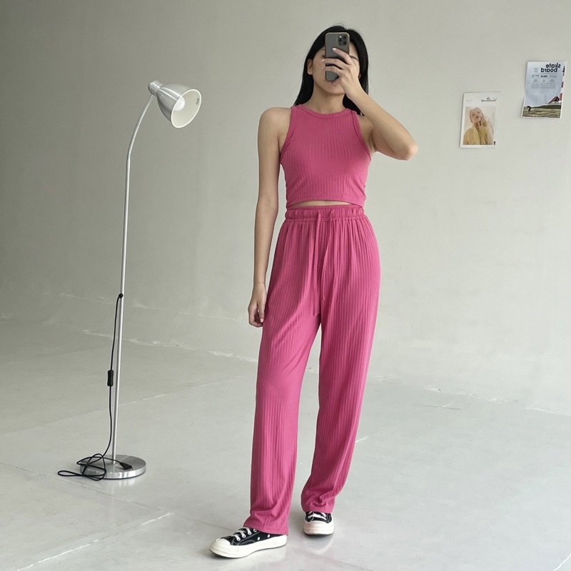 KYU SET | Ribbed Knit Set Setelan Wanita Bahan Rib Celana Panjang Highwaist Tanktop Crop Summer Highwaisted