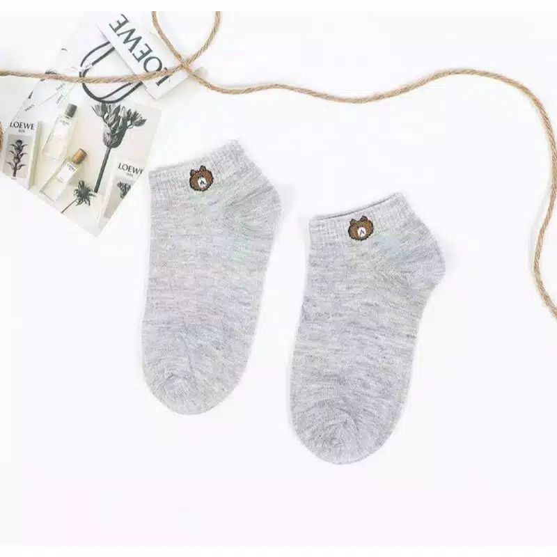 [ COD ] KAOS KAKI BROWN FASHION WANITA - KAOS KAKI ANKLE MOTIF BERUANG LUCU / KAOS KAKI PENDEK CEWEK-Abu Muda