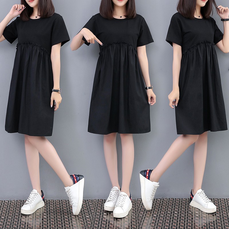 \u2764\u2764Girlmaid\u2764 Dress Swing Oversize Gaya Korea Warna Hitam/Putih Longgar Casual Ukuran 5XL untuk Wanita