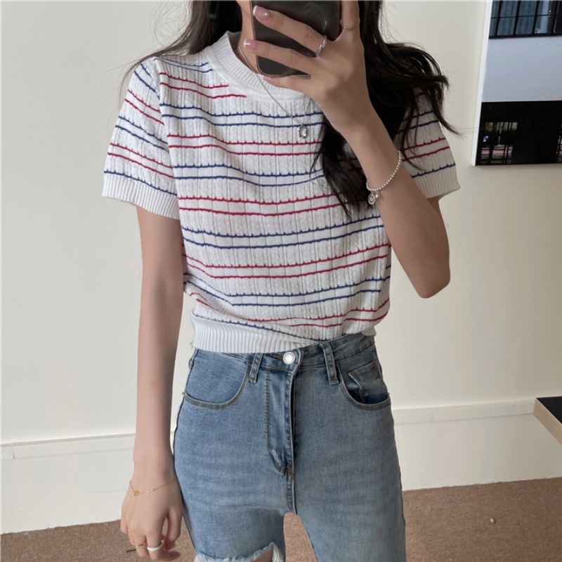 XIAOZHAINV Korean Style Knit Stripe Kaos Atasan Wanita 3203