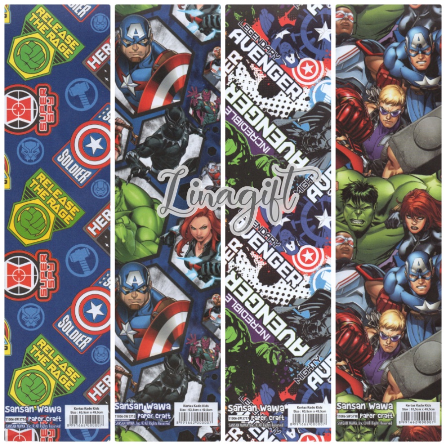 ( 5 Lembar ) HERO AVENGERS SANWA - KERTAS KADO SUPERHEROES HBD AVENGER -  GIFT WRAP PAPER SANSAN WAWA ULANG TAHUN SPIDERMAN IRONMAN CAPTAIN AMERICA HULK WONDER WOMAN THE FLASH DC COMICS / MARVEL CARTOON