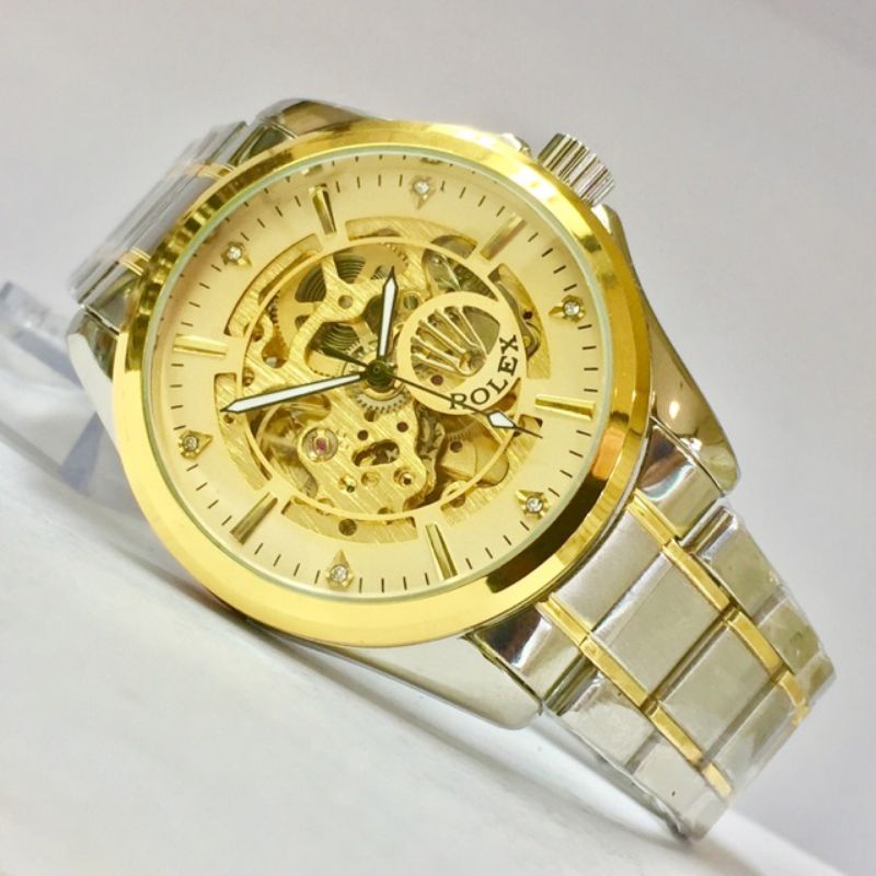 Jam Tangan Pria Otomatis Skeleton Rolex Big Chain Rantai Kombinasi Gold