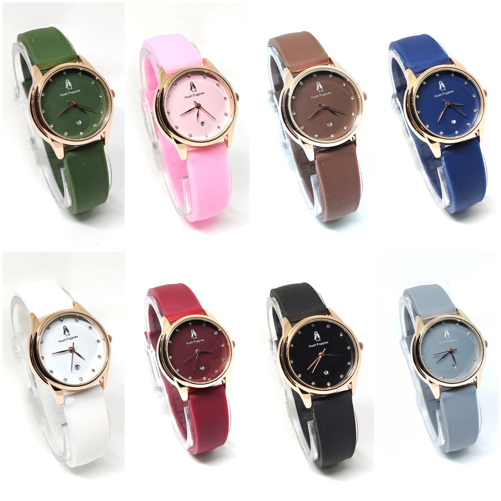 Jam Tangan Wanita Cewek Hush Puppies Strab Rubber Permata Tanggal Aktif