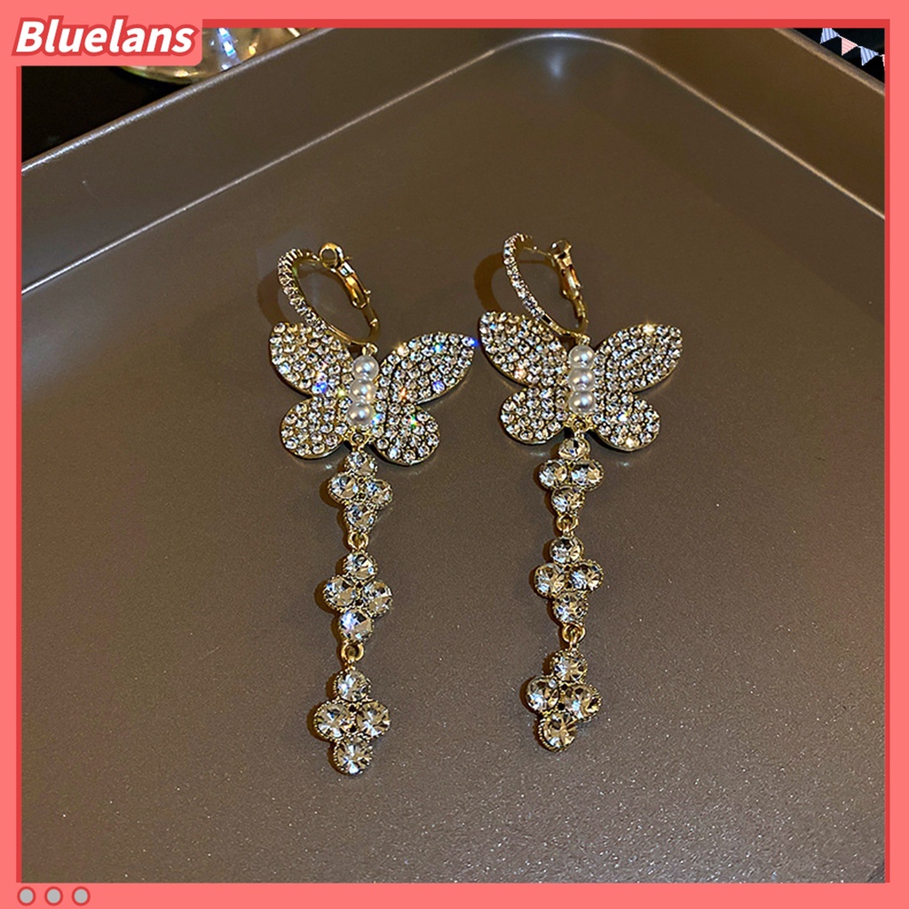 1 Pasang Anting Kait Gantung Mutiara Berlian Imitasi Bentuk Kupu-Kupu Untuk Wanita