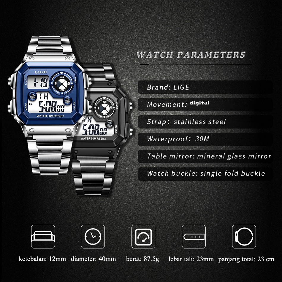 LIGE Original Jam Tangan Pria Digital Fashion Anti Air Baja Tahan Karat Kalender Bercahaya Jamtangan