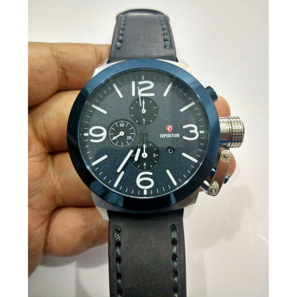 Jam Tangan Pria Expedition E6339 6339 Silver Navy Black Leather Original