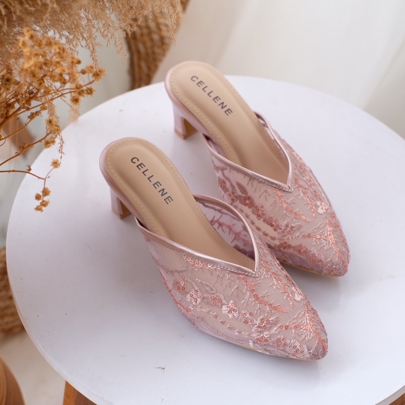 CELLENE Clover Nania Lace 4 warna / heels selop brukat wedding shoes pengantin