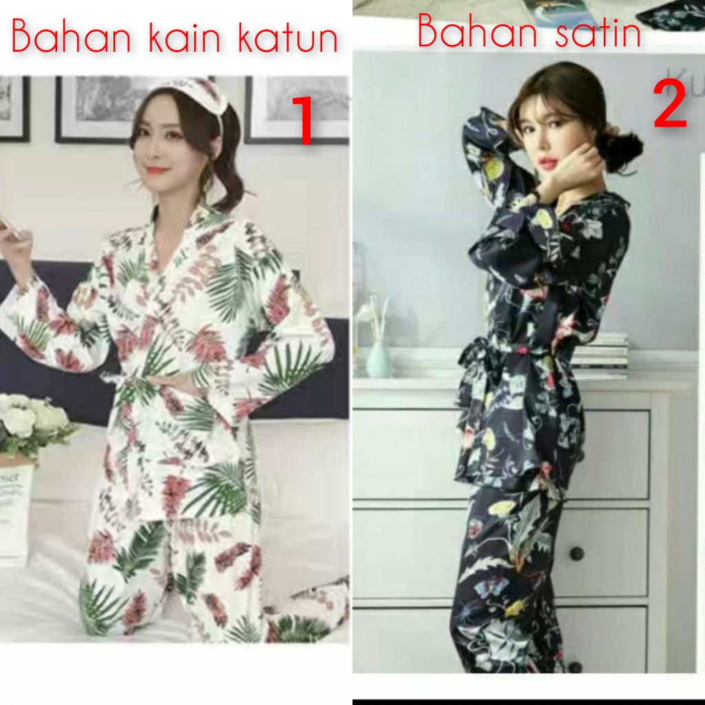 baju tidur kimono satin dan katun import cp motif daun