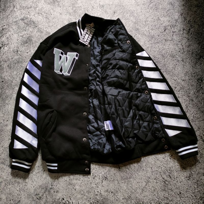 JAKET BOMBER VARSITY OFF WHITE HIGH QUALITY CASUAL HYPE FASHION PRIA