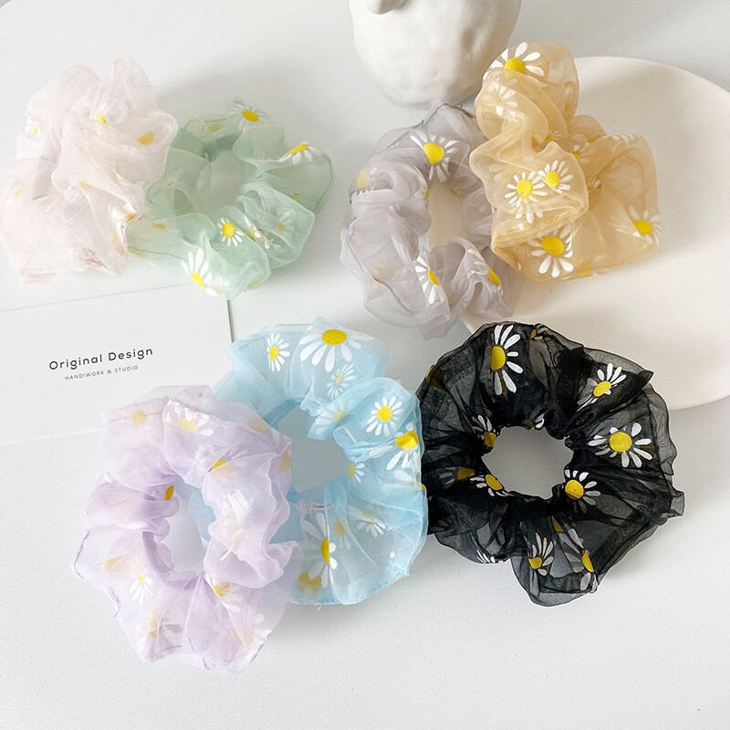 Scrunchie Bahan Sifon Motif Bunga Daisy Premium / Ikat Rambut Sifon Korea / Mesh Scrunchie / Tiki