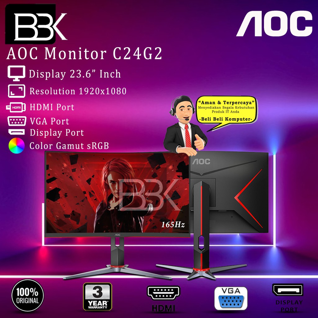 Monitor AOC C24G2 23.6" Full HD 165Hz sRGB 120% LED 3Yr