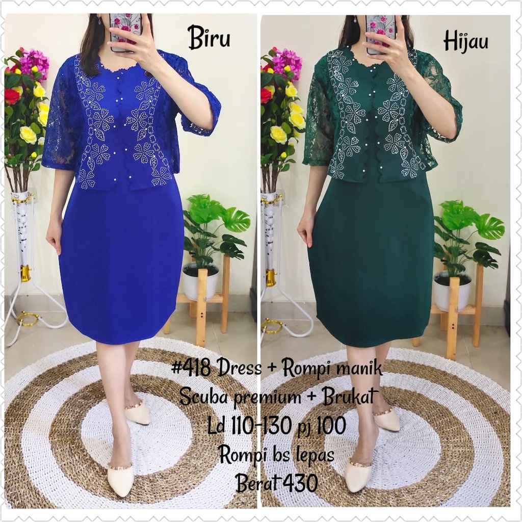 418 Midi Dress 2in1 Rompi Motek Manik Model A Line Bahan Scuba Premium Combi Brukat | Dres Pesta Kon