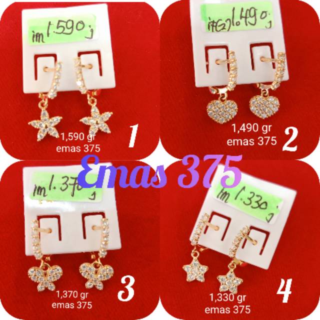 Emas asli 375 anting jepit permata putih gantung love,bintang,kupu-kupu