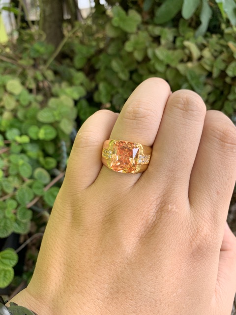 Cincin Casual Mewah Batu Kecubung Teh Champagne Smoky Quartz Mewah Minimalis Ring 18K Gold Filled