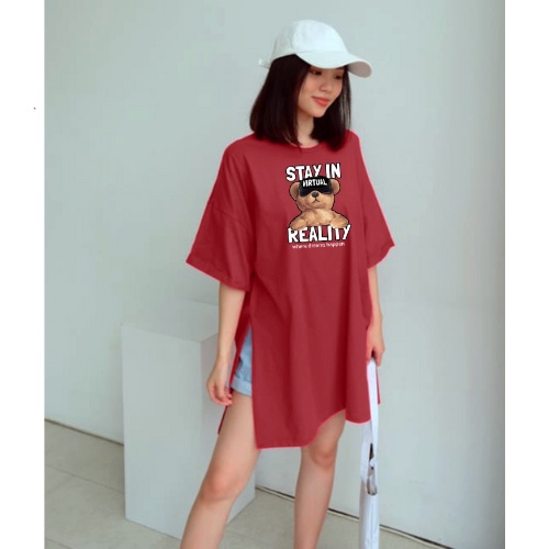 Kaos Wanita Oversize Teddy Stay Reality Jumbo Belah Samping SIze XXL