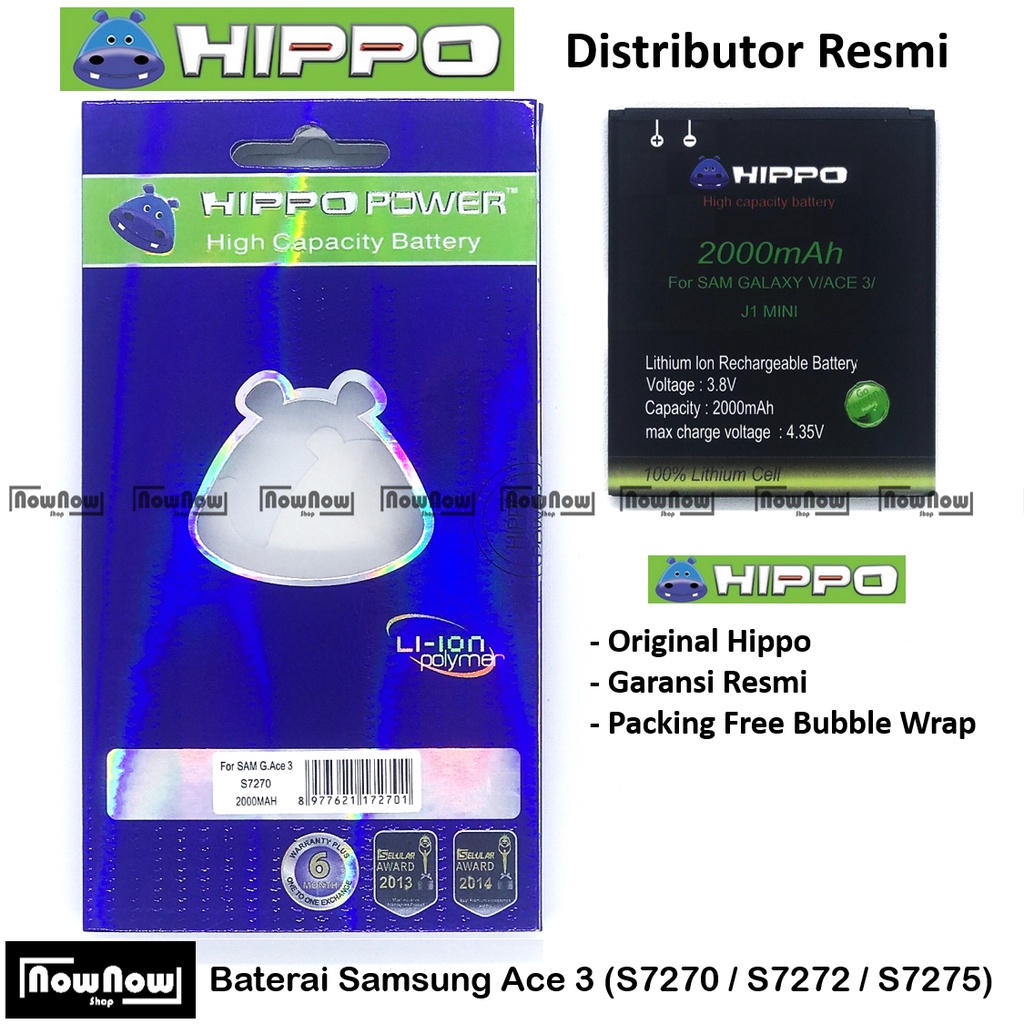 Baterai Hippo Samsung Galaxy Ace 3 S7270 S7272 S7275 Original Batre Batrai Battery HP Garansi Resmi Ori 100%