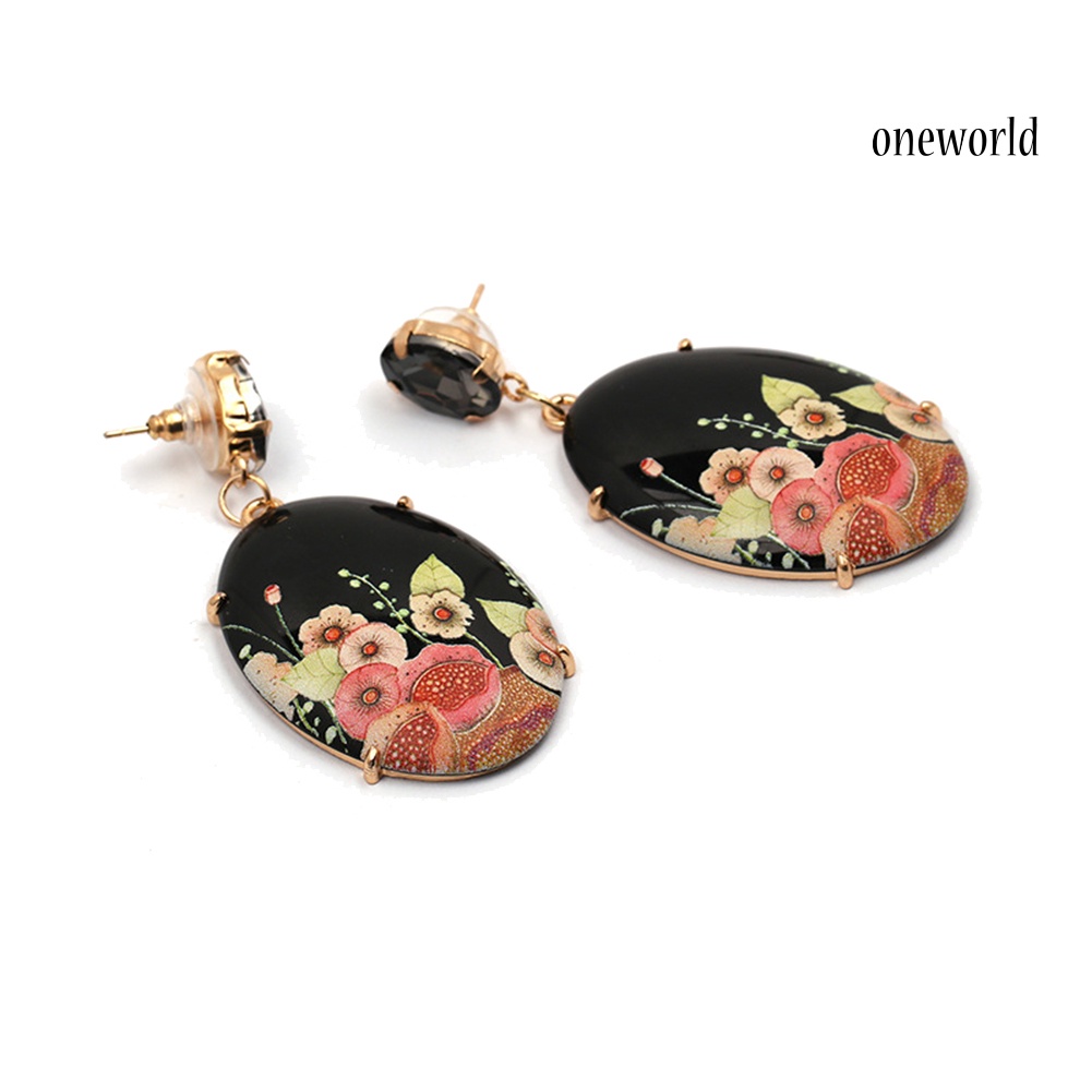 OW@ Elegant Women Resin Oval Shape Flower Pendant Earrings Rhinestone Inlaid Jewelry