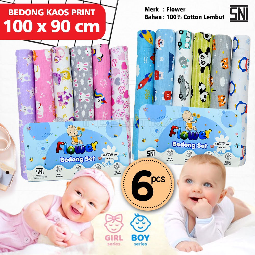 6 Pcs Kain Bedong Bayi Baru Lahir COTTON Print  BC-306 (100 x 90 cm) Selimut Bayi BC-307 (120 x 75 cm) Alas Tidur Bayi Kain Bedongan Bayi Motif Lucu Perlengkapan Tidur Bayi New Born