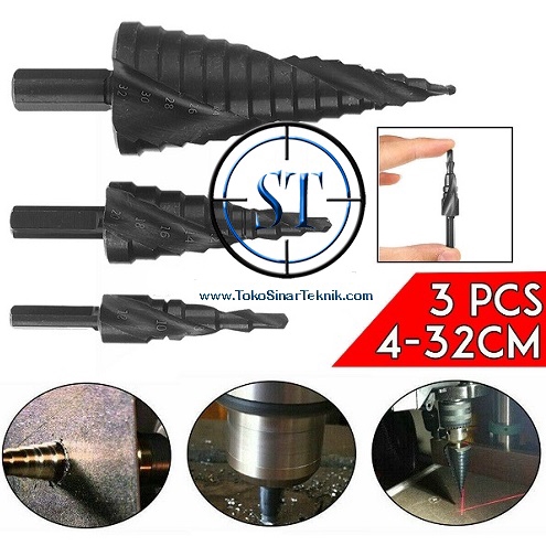 3 Set Mata Bor Pagoda Spiral Titanium Coated HSS Metal Step Drill Black Nirit ISi 3 Ukuran Besi Baja Kayu