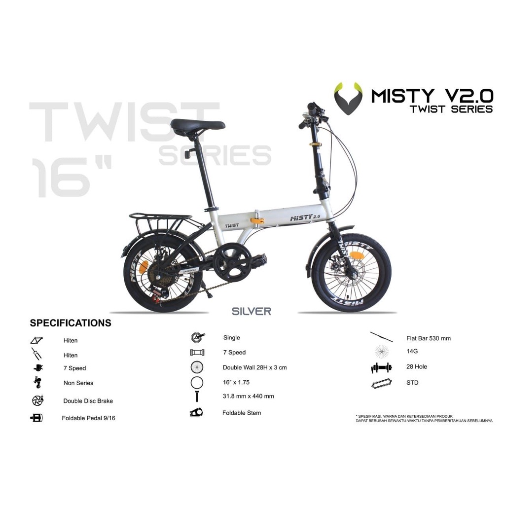 Sepeda Lipat Anak 16 inch Rem Cakram 7 Speed Misty-SILVER