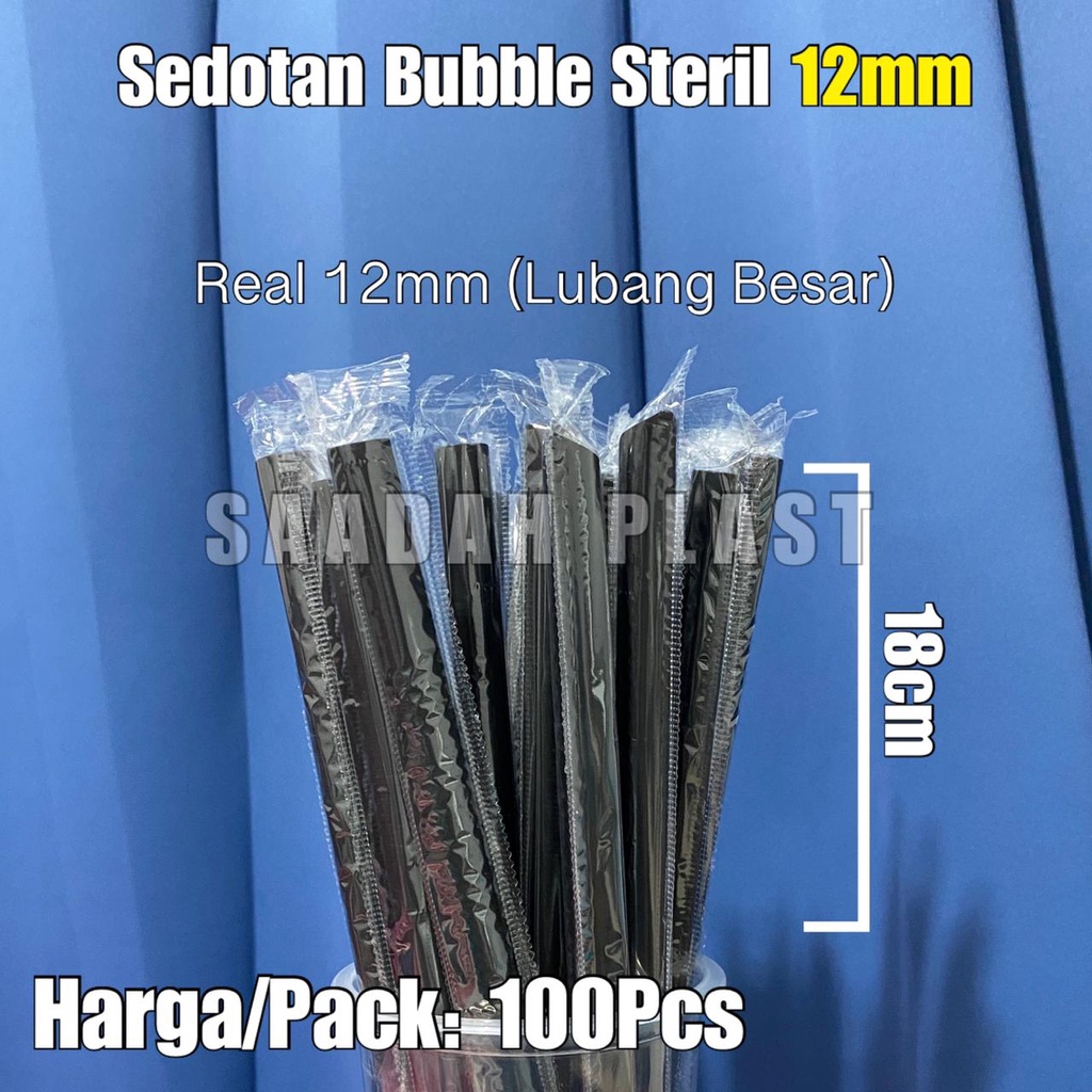 (ISI 100) Sedotan Bubble 12mm x 18cm Hitam / Steril Runcing Bungkus Plastik Per Pcs