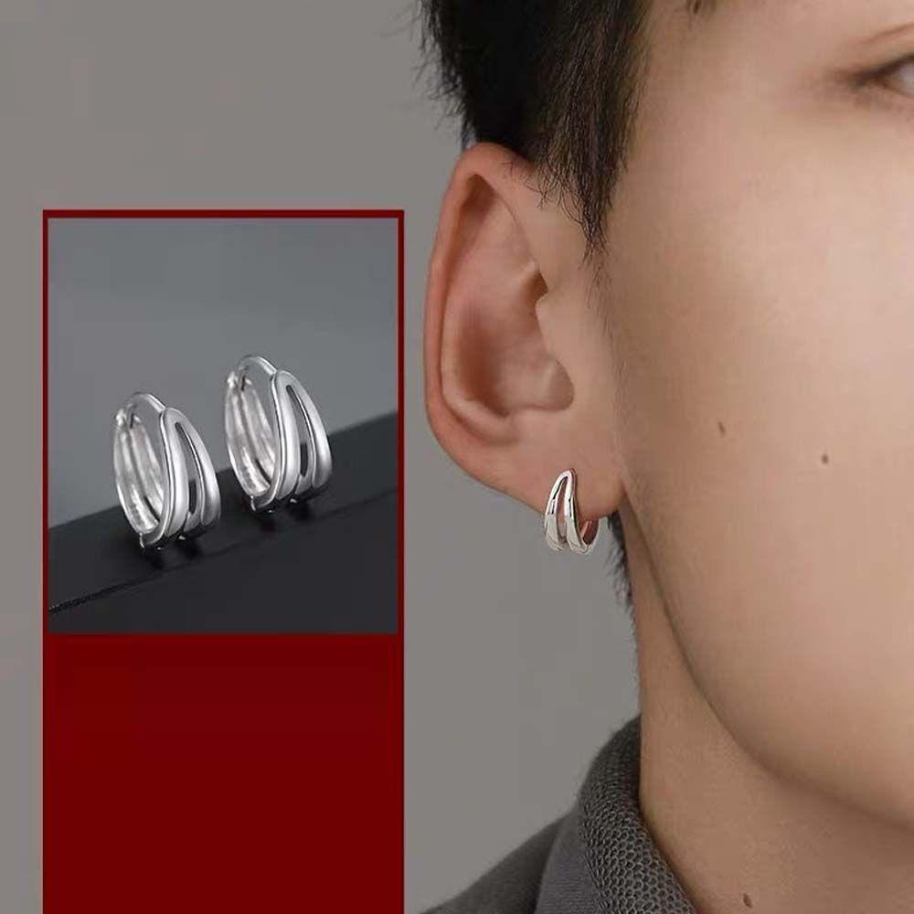 Needway Pria Hoop Earrings Rock Roll Untuk Anak Laki-Laki Multi-layer Bulat Lingkaran Lingkaran Ganda Geometris Hip Hop Telinga Studs