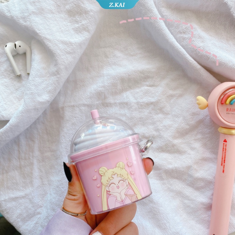 Case earphone wireless bluetooth Bentuk Kartun Sailor Moon Bahan Silikon Dengan Gantungan Kunci Untuk AirPods 1 2