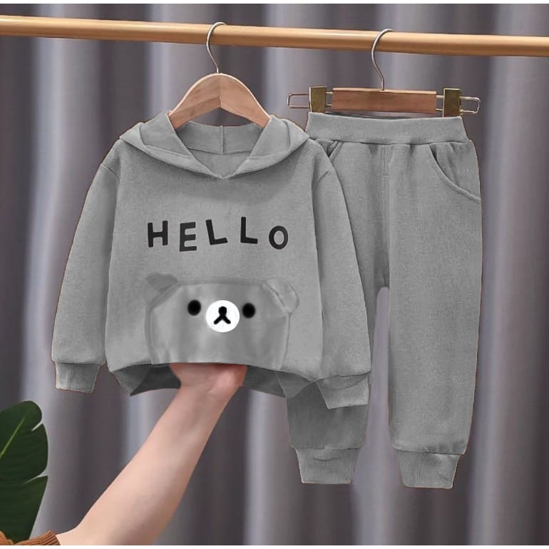 PROMO SETELAN HOODIE ANAK PERMEPUAN 1-5 TAHUN MOTIF HELLO STELAN HOODIE ANAK PEREMPUAN TERBARU SETELAN HOODIE ANAK TERLARIS