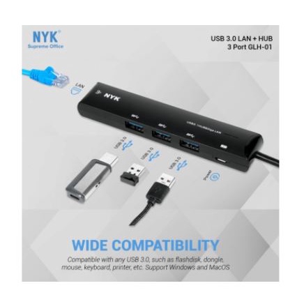 Usb 3.0 hub nyk 3 port 5Gbps with rj45 lan gigabit otg type-c adapter glh-01 glh01