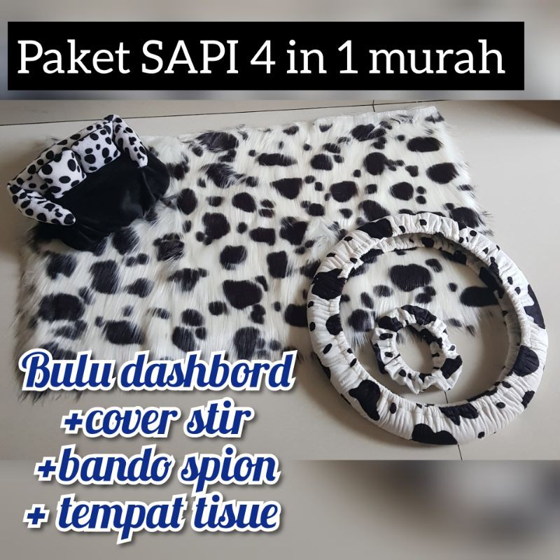 paket 4in1 bulu dashboard, tempat tisue, cover stir dan bando spion Sapi