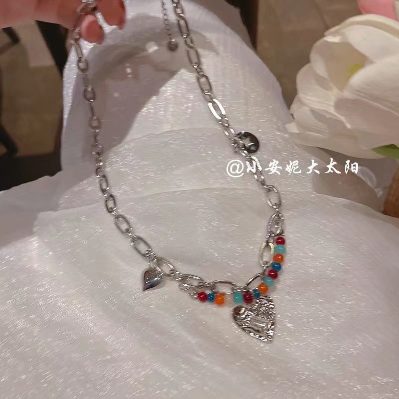 IFYOU Kalung Rantai Choker Liontin Manik-Manik Hati Warna-Warni Gaya Vintage Korea Untuk Wanita