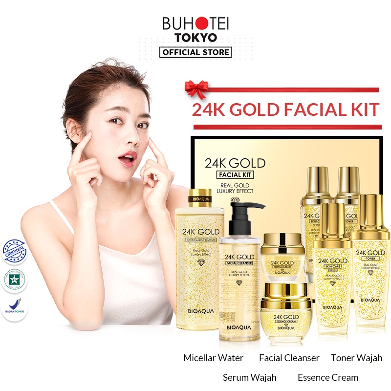 BUHOTEI Bioaqua 24K Gold Skin Care BPOM Skincare Paket Lengkap Whitening dan Brightening Essence Cream Skin Barrier & Gentle Cleanser & Exfoliating Toner & Hydrating Serum Skincare Untuk Kulit Berminyak Acnes Menghilangkan Bekas Jerawat Oil Control-24K Gold Facial Kit
